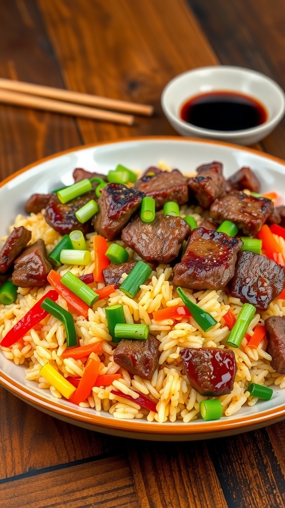 Savory Steak Fried Rice Recipe A plate of savory steak fried rice with vegetables and garnished with green onions, served with chopsticks.